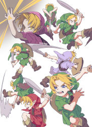 Rule 34 | 1boy, aged down, attack, blue eyes, blue tunic, brown footwear, child, commentary, eunjuragi, fighting, fighting stance, glowing, glowing hand, green headwear, green tunic, highres, holding, hylian shield, kicking, link, magical boy, male focus, master sword, motion blur, nintendo, red tunic, shield, shield on back, short hair, simple background, solo, symbol-only commentary, teeth, the legend of zelda, triforce, tunic, white background, yellow eyes, young link