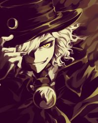 Rule 34 | 1boy, aura, black hat, black jacket, collared shirt, commentary request, edmond dantes (fate), fate/grand order, fate (series), fimyuan, formal, gloves, hat, jacket, long sleeves, looking at viewer, male focus, medium hair, parted lips, shirt, silver hair, smile, solo, suit, white gloves, white shirt, wing collar, yellow eyes