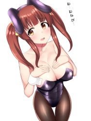 Rule 34 | 10s, 1girl, animal ears, bare shoulders, black leotard, blush, breasts, brown eyes, brown hair, cleavage, collarbone, commentary request, covered navel, fake animal ears, hands on own chest, idolmaster, idolmaster cinderella girls, large breasts, leotard, long hair, looking at viewer, looking to the side, ogata chieri, open mouth, pantyhose, playboy bunny, rabbit ears, scrunchie, sidelocks, simple background, solo, suzutarou gunsou, tearing up, translated, twintails, wavy mouth, white background, wrist cuffs