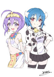 Rule 34 | 2girls, absurdres, ahoge, animal print, asymmetrical legwear, bad id, bad pixiv id, bell, blouse, blue hair, blush, breasts, closed mouth, collar, cow girl, cow horns, cow print, cow tail, earrings, egyptian clothes, fang, groin, hair between eyes, highres, horns, jashin-chan dropkick, jewelry, large breasts, medusa (jashin-chan dropkick), minos (jashin-chan dropkick), mismatched legwear, multiple girls, navel, neck bell, open mouth, purple eyes, purple hair, red eyes, shirt, short hair, simple background, sleeves rolled up, small breasts, smile, standing, striped clothes, striped legwear, striped thighhighs, tail, thighhighs, upper body, usekh collar, white background, white shirt, yuuki shushu