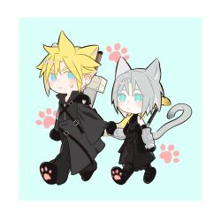 Rule 34 | 2boys, aged down, animal ears, animal feet, arm armor, armor, asymmetrical arms, belt buckle, black gloves, black pants, blonde hair, blue background, blue eyes, buckle, cat boy, cat ears, cat tail, chest strap, chibi, chinese commentary, clothes grab, cloud strife, cluck gugu, commentary, earrings, expressionless, final fantasy, final fantasy vii, final fantasy vii advent children, final fantasy vii ever crisis, gloves, green eyes, grey hair, high collar, highres, implied yaoi, in-franchise crossover, jewelry, looking to the side, male focus, multiple boys, pants, pauldrons, paw print, sephiroth, sephiroth (edged wings), shoulder armor, single earring, single pauldron, sleeveless, sleeveless turtleneck, spiked hair, sweatdrop, tail, turtleneck, walking, zipper