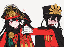 Rule 34 | 1boy, 1girl, black cape, blush, brother and sister, cape, family crest, fate/grand order, fate (series), hat, holding, low ponytail, medallion, military hat, mini nobu (fate), oda nobukatsu (fate), oda nobunaga (fate), oda uri, peaked cap, red cape, red eyes, sempon (doppio note), shako cap, siblings, simple background, upper body, white background