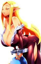 Rule 34 | 1girl, ass, blonde hair, breasts, cleavage, cuffs, curvy, disgaea, earrings, closed eyes, healer (disgaea), highres, hip focus, huge ass, jewelry, large breasts, long hair, open mouth, prinny, solo, thick thighs, thighs, tokyo (great akuta), wide hips