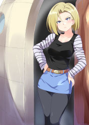 Rule 34 | 1girl, android 18, animankan, black pantyhose, blonde hair, blue eyes, breasts, dragon ball, dragonball z, female focus, hands on own hips, highres, pantyhose, short hair, skirt