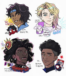 Rule 34 | 1girl, 3boys, afro, animification, black eyes, black hair, blonde hair, blue eyes, brown eyes, closed mouth, collar, dark-skinned male, dark skin, ear piercing, english text, eyebrow piercing, freckles, gugusam0, gwen stacy, highres, hobie brown, korean commentary, korean text, lip piercing, looking at viewer, looking to the side, marvel, miles morales, multicolored hair, multiple boys, pavitr prabhakar, piercing, silk, simple background, smile, speech bubble, spider-gwen, spider-man: across the spider-verse, spider-man (miles morales), spider-man (series), spider-man india, spider-punk, spider-verse, spider web, spiked collar, spikes, streaked hair, very dark skin, white background