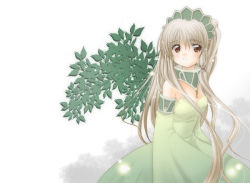 Rule 34 | 00s, 1girl, brown eyes, chii, chobits, collar, collarbone, detached collar, detached sleeves, dress, frills, green dress, long hair, long sleeves, looking at viewer, maid headdress, patoto, silver hair, simple background, solo, white background, wide sleeves