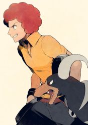 Rule 34 | 1boy, afro, bad id, bad pixiv id, belt, black pants, brown belt, collared shirt, commentary request, creatures (company), dog, fangs, flint (pokemon), from side, game freak, gen 2 pokemon, grey eyes, grin, highres, houndoom, male focus, nintendo, open mouth, pants, pokemon, pokemon (creature), pokemon dppt, red eyes, red hair, shirt, short hair, smile, teeth, tongue, yellow shirt, yukin (es)