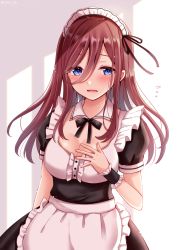 Rule 34 | 1girl, alternate costume, apron, black bow, black dress, blue eyes, blush, bow, breasts, brown hair, cleavage, collar, commentary request, detached collar, dress, enmaided, fingernails, flying sweatdrops, frilled apron, frills, go-toubun no hanayome, hair between eyes, hand on own chest, hand up, long hair, maid, maid headdress, medium breasts, nakano miku, parted lips, puffy short sleeves, puffy sleeves, sakura hiyori, short sleeves, solo, waist apron, white apron, white collar, wrist cuffs