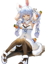 Rule 34 | 1girl, animal ear fluff, animal ears, black gloves, black pantyhose, blue hair, blush, bow, braid, breasts, bridal garter, brown eyes, carrot, commentary, detached sleeves, don-chan (usada pekora), dress, english commentary, gloves, hair bow, hand in own hair, head tilt, highres, hololive, long hair, looking at viewer, medium breasts, multicolored hair, open mouth, pantyhose, rabbit ears, redstealth, shadow, shoes, short sleeves, sitting, thick eyebrows, twin braids, two-tone hair, usada pekora, usada pekora (1st costume), very long hair, virtual youtuber, wavy mouth, white background, white bow, white hair