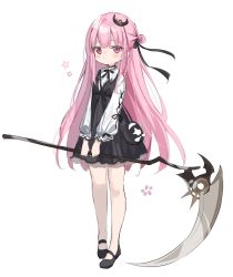 Rule 34 | 1girl, aged down, bag, bare legs, black footwear, black ribbon, child, commentary, crown, death-sensei (mori calliope), dress, full body, hair bun, hair ribbon, highres, holding, holding scythe, hololive, hololive english, long hair, long sleeves, looking at viewer, mini crown, mori calliope, pink eyes, pink hair, puffy long sleeves, puffy sleeves, ribbon, scythe, shoes, shoulder bag, shouu-kun, side bun, simple background, single side bun, solo, tilted headwear, very long hair, virtual youtuber, white background