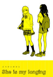 Rule 34 | 2girls, backpack, bag, black hair, bow, collared shirt, english text, eye contact, full body, keshizumi, kneehighs, loafers, long hair, looking at another, monochrome, multiple girls, original, plaid, plaid skirt, school bag, school uniform, shirt, shoes, short hair, short sleeves, shorts, simple background, skirt, sneakers, socks, sweater, sweater vest, t-shirt, translated, white background, yellow theme