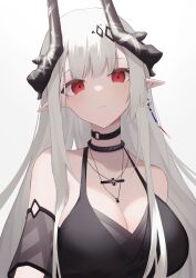 Rule 34 | 1girl, absurdres, arknights, bare shoulders, black choker, black dress, breasts, choker, cleavage, closed mouth, cross, cross necklace, dress, earrings, highres, horns, jewelry, large breasts, long hair, mudrock (arknights), mudrock (obsidian) (arknights), necklace, official alternate costume, pointy ears, red eyes, simple background, single earring, solo, upper body, white background, white hair, worimehl