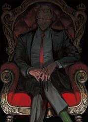 Rule 34 | 1boy, black suit, blonde hair, brown eyes, buttoned cuffs, buttons, crossed legs, donquixote doflamingo, earrings, feet out of frame, formal, glasses, green socks, hands on own knees, highres, jewelry, light smile, looking at viewer, male focus, necktie, nisir0, on chair, one piece, red necktie, shadow, shirt, short hair, sitting, socks, solo focus, suit, white shirt