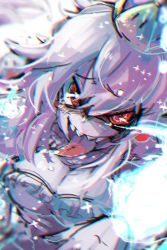 Rule 34 | 1girl, abstract, blush, boo (mario), breasts, chromatic aberration, cleavage, colored skin, commentary request, crown, dress, frilled dress, frills, furrowed brow, ghost, ghost pose, hair between eyes, highres, kassan (redenio2986), large breasts, long hair, long tongue, looking at viewer, luigi&#039;s mansion, mario (series), new super mario bros. u deluxe, nintendo, open mouth, parted bangs, princess, princess king boo, sharp teeth, solo, super crown, teeth, tongue, tongue out, upper body, white dress, white hair, white skin