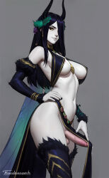 Rule 34 | 1futa, areola slip, artist name, black hair, black horns, black nails, breasts, clothing aside, colored sclera, colored skin, erection, fingernails, futanari, grey background, hair ornament, hair over one eye, hand on own hip, highres, horns, insect wings, large breasts, light smile, lips, long hair, looking at viewer, melaina (tarakanovich), monster girl, navel, no panties, original, pelvic curtain, pelvic curtain aside, penis, precum, revealing clothes, simple background, solo, stomach, tarakanovich, testicles, thighs, uncensored, white skin, wings, wreath, yellow sclera