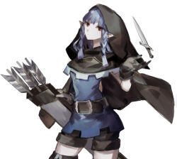 Rule 34 | 1girl, arrow (projectile), braid, cape, dragon&#039;s crown, elf (dragon&#039;s crown), gloves, hood, knife, pale skin, pointy ears, purple hair, quiver, red eyes, shorts, solo, starshadowmagician