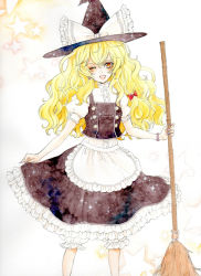 Rule 34 | 1girl, bad id, bad pixiv id, blonde hair, broom, female focus, gradient background, hat, kirisame marisa, one eye closed, skirt, solo, touhou, underwear, white background, wink, witch, witch hat, yellow eyes, yutsumoe