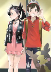 Rule 34 | 1boy, 1girl, absurdres, asymmetrical bangs, black choker, black hair, black jacket, black nails, blurry, blurry foreground, blush, breasts, brown hair, choker, collarbone, commentary request, creatures (company), dress, earrings, feet out of frame, game freak, gen 8 pokemon, grin, hair ribbon, hand up, covering own mouth, hat, highres, holding hands, jacket, jewelry, jitome no tsugumi, long sleeves, looking at viewer, looking away, looking to the side, marnie (pokemon), medium hair, morpeko, nail polish, nintendo, pants, pink dress, pokemon, pokemon (creature), pokemon swsh, red ribbon, red shirt, ribbon, shirt, short hair, smile, standing, sweatdrop, twintails, victor (pokemon)