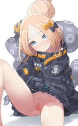 Rule 34 | 1girl, abigail williams (fate), abigail williams (traveling outfit) (fate), bad id, bad twitter id, bandaid, bandaid on face, bandaid on forehead, belt, black jacket, blonde hair, blue eyes, blush, bow, censored, closed mouth, crossed bandaids, fate/grand order, fate (series), hair bow, hair bun, heroic spirit traveling outfit, jacket, long hair, long sleeves, looking at viewer, no panties, nurami (shouji), official alternate costume, parted bangs, pussy, simple background, single hair bun, sitting, sleeves past fingers, sleeves past wrists, smile, solo, spread legs, tentacles, white background