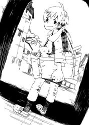 Rule 34 | 1boy, 21grams, ahoge, ankle socks, arch, bag, belt, belt buckle, buckle, cat, commentary request, from behind, full body, greyscale, holding, holding bag, long sleeves, looking at viewer, male focus, monochrome, original, outdoors, pants, scarf, shadow, shirt, shoe belt, shoes, short hair, socks, solo, tote bag, town, tree, uwabaki, vest