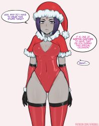 Rule 34 | 1girl, afrobull, breasts, capelet, christmas, christmas ornaments, cleavage, dc comics, elbow gloves, english text, facing viewer, feet out of frame, female focus, forehead jewel, fur-trimmed capelet, fur-trimmed gloves, fur trim, gloves, groin, hat, highres, jitome, leotard, looking at viewer, mature female, medium breasts, patreon username, pom pom (clothes), purple eyes, purple hair, raven (dc), red thighhighs, santa costume, santa hat, sexually suggestive, short hair, simple background, solo, speech bubble, standing, straight-on, swimsuit, teen titans, thighhighs, watermark, web address, wide hips