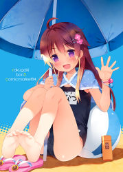 Rule 34 | 1girl, :d, ahoge, ball, barefoot, beach, beach umbrella, beachball, blush, bracelet, brown hair, fang, feet, feet together, flip-flops, full body, hair ornament, hairclip, jewelry, long hair, lotion, meito (maze), name tag, one-piece swimsuit, open mouth, original, polka dot, purple eyes, sandals, school swimsuit, shoes, unworn shoes, sitting, smile, soles, solo, sunscreen, swimsuit, toes, umbrella, waving