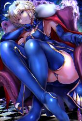 Rule 34 | 1girl, ahoge, artoria pendragon (fate), artoria pendragon (lancer) (fate), bad id, bad pixiv id, blonde hair, blue footwear, blush, boots, braid, breasts, cape, chair, crossed ankles, crown, elbow rest, fate/grand order, fate (series), french braid, fur trim, green eyes, hair between eyes, head tilt, heattech leotard, high heel boots, high heels, highres, large breasts, long hair, looking at viewer, nonohachi, sidelocks, sitting, smile, solo, swept bangs, thigh boots, thighhighs, thighs, turtleneck