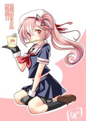 Rule 34 | 10s, 1girl, artist name, beret, chize, cup ramen, gloves, harusame (kancolle), hat, kantai collection, name connection, object namesake, pink hair, school uniform, simple background, sitting, solo, translation request