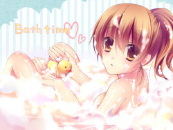 Rule 34 | 1girl, bad id, bad pixiv id, bathing, blush, breasts, brown eyes, highres, looking at viewer, nude, open mouth, original, ponytail, ringonotane, rubber duck, short hair, soap, solo, water