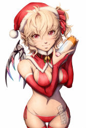 Rule 34 | 1girl, bare shoulders, bell, bikini, blonde hair, bottle, breasts, bridal gauntlets, christmas, collar, commentary, condom, condom packet strip, condom wrapper, detached collar, flandre scarlet, gluteal fold, hat, highres, hip focus, imizu (nitro unknown), lips, looking at viewer, lotion bottle, lowleg, lowleg bikini, lowleg panties, medium breasts, navel, neck bell, aged up, panties, pointy ears, red bikini, red eyes, red thighhighs, revision, santa hat, scrunchie, side-tie bikini bottom, side-tie panties, side ponytail, slit pupils, smile, solo, swimsuit, thighhighs, touhou, underwear, wings