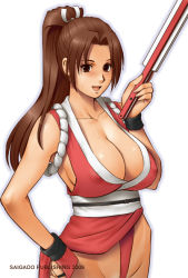 Rule 34 | 1girl, breasts, brown eyes, brown hair, cleavage, folded fan, covered erect nipples, hand fan, fatal fury, folding fan, huge breasts, japanese clothes, long hair, open mouth, pelvic curtain, ponytail, revealing clothes, saigado, shiranui mai, sideboob, snk, solo, sweat, the king of fighters