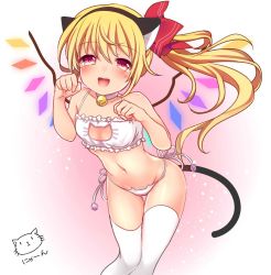 Rule 34 | 1girl, animal ears, bell, blonde hair, blush, bra, cat cutout, cat ear panties, cat ears, cat lingerie, cat tail, cleavage cutout, clothing cutout, collar, demon wings, fake animal ears, flandre scarlet, hairband, jingle bell, long hair, looking at viewer, meme attire, navel, neck bell, open mouth, panties, paw pose, red eyes, rimu (kingyo origin), side-tie panties, side ponytail, simple background, smile, solo, tail, thighhighs, touhou, underwear, white bra, white panties, white thighhighs, wings