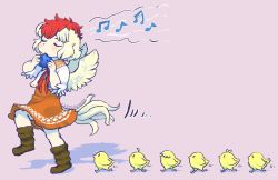 Rule 34 | 1girl, ahoge, antenna hair, artist name, beamed eighth notes, bird, blonde hair, blush, boots, brown footwear, chick, chinad011, closed eyes, commentary request, dress, eighth note, feathered wings, full body, holding, holding instrument, instrument, marching, multicolored hair, music, musical note, neck ribbon, nintendo, niwatari kutaka, ocarina, orange dress, pink background, playing instrument, red hair, red ribbon, ribbon, shadow, shirt, short hair, signature, simple background, solo, the legend of zelda, the legend of zelda: majora&#039;s mask, touhou, two-tone hair, white shirt, wings, yellow wings
