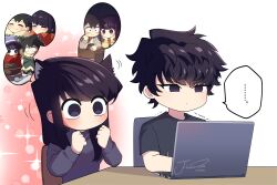 Rule 34 | 1girl, 2boys, absurdres, animal ear fluff, animal ears, black hair, brother and sister, cat ears, chair, chibi, closed mouth, commentary, computer, desk, highres, j humbo, komi-san wa komyushou desu, komi shouko, komi shousuke, laptop, long hair, long sleeves, looking to the side, messy hair, motion lines, multiple boys, no mouth, no nose, purple eyes, purple hair, shirt, short hair, siblings, sweater, symbol-only commentary, tadano hitohito, trembling, turtleneck, turtleneck sweater, upper body