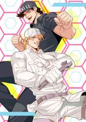 Rule 34 | 2boys, baseball cap, battle tendency, belt, black headwear, black pants, black shirt, blonde hair, blue eyes, breast pocket, brown hair, caesar anthonio zeppeli, chinese commentary, clenched hand, clenched hands, colored shadow, commentary request, cosplay, dress shirt, facial mark, gloves, green eyes, hand up, hands up, hat, hataraku saibou, holding, holding wrench, honeycomb (pattern), honeycomb background, jojo no kimyou na bouken, joseph joestar, joseph joestar (young), killer t (hataraku saibou), killer t (hataraku saibou) (cosplay), long sleeves, looking at viewer, male focus, multiple boys, muscular, muscular male, outstretched arm, pants, pocket, shadow, shirt, short hair, short sleeves, smile, spadelake, thigh strap, white blood cell (hataraku saibou), white blood cell (hataraku saibou) (cosplay), white gloves, white headwear, white pants, white shirt, wrench