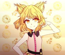 Rule 34 | 1girl, arm up, bare shoulders, blonde hair, closed mouth, female focus, hand on own hip, medium hair, shirooinari, sleeveless, smile, solo, touhou, toyosatomimi no miko, vest, white vest, yellow eyes