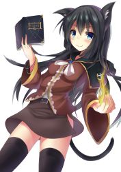 Rule 34 | 1girl, animal ears, bad id, bad nicoseiga id, black hair, black thighhighs, blue eyes, blush, book, bracelet, cat ears, cat tail, fire, highres, jewelry, long hair, original, pyrokinesis, skirt, smile, solo, tail, tf (seiga29299638), tf (tfx2), thighhighs, white background