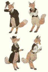 Rule 34 | animal, animal focus, arm behind back, barefoot, bell lumiere, black jacket, black ribbon, black vest, brown pants, closed mouth, clothed animal, colored extremities, commentary, dress shirt, english commentary, formal, fox, full body, furry, furry male, hat, hat tip, holding, holding pocket watch, jacket, looking at object, multiple views, neck ribbon, no humans, open mouth, original, pants, pocket watch, red fox, ribbon, shirt, slit pupils, standing, tono (rt0no), top hat, vest, watch