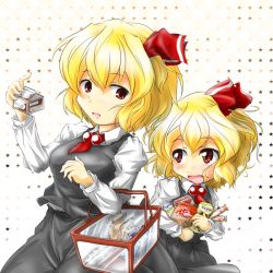 Rule 34 | 2girls, blonde hair, candy, dual persona, embodiment of scarlet devil, fang, female focus, food, groceries, multiple girls, aged up, red star (toranecomet), rumia, touhou