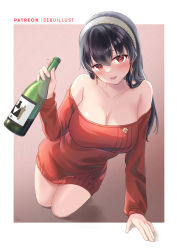 Rule 34 | 1girl, alcohol, all fours, bare legs, bare shoulders, black hair, blush, border, bottle, breasts, cleavage, collarbone, dress, drunk, earrings, full body, gold earrings, hairband, hand up, highres, holding, holding bottle, jewelry, large breasts, looking at viewer, no legwear, off-shoulder sweater, off shoulder, open mouth, patreon username, red eyes, red sweater, sebu illust, smile, solo, spy x family, straight hair, sweater, sweater dress, white border, white hairband, wine bottle, yor briar