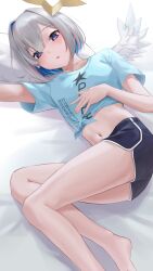 Rule 34 | 1girl, absurdres, amane kanata, barefoot, blue hair, blue shirt, blue shorts, breasts, colored inner hair, commentary request, dolphin shorts, feathered wings, grey hair, halo, highres, hololive, looking at viewer, lying, medium breasts, mini wings, multicolored hair, navel, on side, open mouth, print shirt, purple eyes, shirt, short hair, short sleeves, shorts, single hair intake, smallpine 7, solo, star halo, streaked hair, text print, thighs, tied shirt, virtual youtuber, white wings, wings