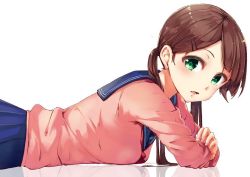 Rule 34 | 1girl, arm support, blue skirt, blush, breast press, breasts, brown hair, commentary request, funyariko, green eyes, hair ornament, hairclip, long hair, long sleeves, looking at viewer, looking to the side, low twintails, lying, medium breasts, neckerchief, on stomach, open mouth, original, pink shirt, pleated skirt, red neckerchief, reflection, school uniform, serafuku, shirt, simple background, skirt, solo, twintails, upper body, white background