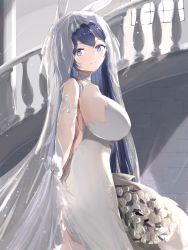 Rule 34 | 1girl, animal ears, azur lane, backless dress, backless outfit, bouquet, breasts, bridal veil, dress, fake animal ears, flower, from side, highres, holding, holding bouquet, large breasts, long hair, looking at viewer, looking to the side, natsuki (natsu 1936), new jersey (azur lane), new jersey (snow-white ceremony) (azur lane), official alternate costume, purple eyes, purple hair, rabbit ears, rose, sideboob, solo, stairs, stone stairs, veil, very long hair, wedding dress, white dress, white flower, white rose