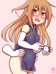 Rule 34 | !, 1girl, artist logo, blue dress, blush, brown eyes, brown hair, china dress, chinese clothes, controller, dated, disembodied hand, dress, elbow gloves, game controller, gamepad, glasses, gloves, grabbing, grabbing from behind, gradient background, hair ornament, kanon (kurogane knights), kantai collection, long hair, mochizuki (kancolle), molestation, no panties, one-hour drawing challenge, open mouth, pink background, red-framed eyewear, smile, white gloves