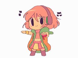 Rule 34 | 1girl, animated, animated gif, beamed eighth notes, black eyes, blush, blush stickers, boots, chibi, closed mouth, commentary, crop top, dancing, dancing hot dog (snapchat), drawstring, eighth note, english commentary, grey background, headphones, headset, hood, hooded vest, hoodie, humanization, looking at viewer, lyn mametchi, midriff, miniskirt, musical note, navel, open clothes, open vest, orange vest, pink hair, shirt, short hair, simple background, skirt, smile, snapchat, solo, thighhighs, vest, wristband, zettai ryouiki