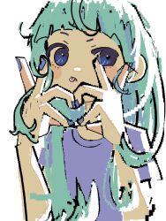 Rule 34 | 1girl, :p, aqua hair, backlighting, blue eyes, blue nails, blunt bangs, blush stickers, close-up, closed mouth, fingernails, hair over shoulder, hands up, heart, heart hands, highres, jaggy lines, long hair, looking at viewer, looking to the side, nail polish, narrowed eyes, original, purple shirt, raised eyebrow, shirt, short bangs, short sleeves, solo, t-shirt, teru64, tongue, tongue out, transparent background, uneven eyes, upper body