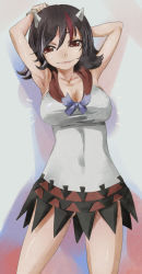Rule 34 | 1girl, alternate breast size, armpits, arms behind head, arms up, arrow (symbol), black hair, blue bow, bow, bracelet, breasts, cleavage, collarbone, commentary request, covered navel, cowboy shot, dress, grey horns, horns, jewelry, kijin seija, large breasts, lips, multicolored hair, red eyes, red hair, short dress, short hair, solo, taut clothes, taut dress, touhou, white hair, yohane