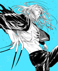 Rule 34 | 1boy, abs, black jacket, black nails, black pants, blonde hair, blue background, blue eyes, fate/grand order, fate (series), fingernails, flapper shirt, from side, jacket, jewelry, long fingernails, long hair, looking at viewer, male focus, medallion, midriff, midriff peek, necklace, open clothes, open jacket, pants, sharp fingernails, shirt, simple background, solo, tezcatlipoca (fate), white shirt, yuuzuki230