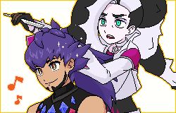 Rule 34 | 2boys, aoshima (pidove810), belt, black hair, commentary request, creatures (company), cropped jacket, dark-skinned male, dark skin, facial hair, game freak, green eyes, gym leader, holding, jacket, leon (pokemon), leon (sygna suit) (pokemon), long hair, lowres, male focus, multicolored hair, multiple boys, musical note, nintendo, official alternate costume, open mouth, piers (pokemon), pixel art, pokemon, pokemon masters ex, pokemon swsh, purple hair, shirt, teeth, two-tone hair, upper teeth only, white background, white hair, white jacket, yellow eyes