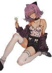 Rule 34 | 1girl, arutera, bad id, bad pixiv id, bare shoulders, blue eyes, bow, breasts, candy, food, hair bow, high waisted pants, highres, lollipop, looking at viewer, off shoulder, open mouth, original, purple hair, simple background, sitting, small breasts, solo, thighhighs, white background, white thighhighs